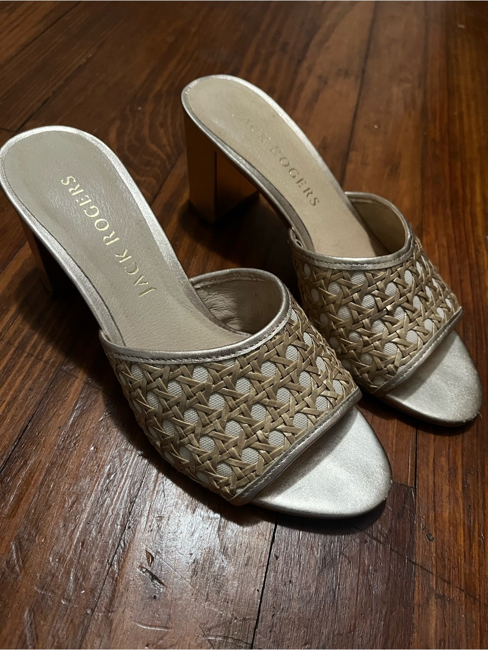 Jack Rogers Gold Cane Woven Block Heel Mule Sandals Size 7.5